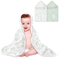BabyAlly hooded towel in mint green leaves, 28x28 inches, plush and gentle for newborns.