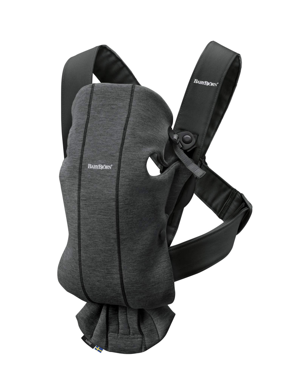 BabyBjörn Baby Carrier Mini front-facing-in in 3D jersey keeps baby close and comfy.