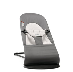 The BabyBjörn Bouncer Balance Soft seat close-up shows soft, supportive fabric.