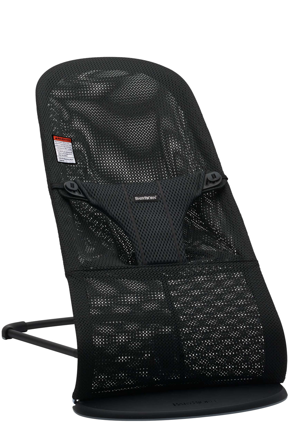 BabyBjörn Bouncer Bliss with black frame and breathable mesh seat for comfort.