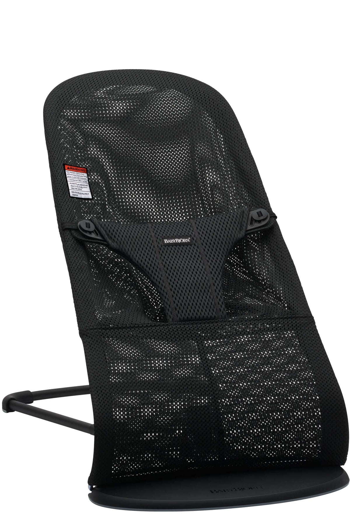 BabyBjörn Bouncer Bliss with black frame and breathable mesh seat for comfort.