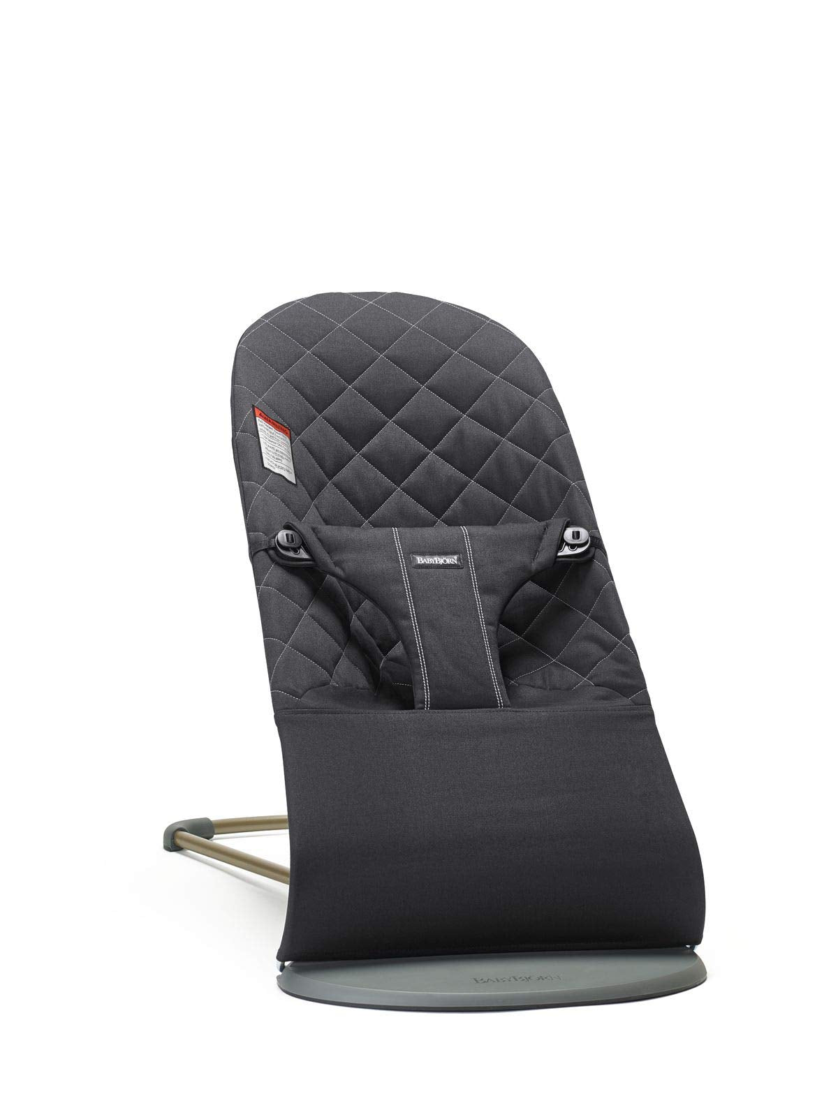 BabyBjörn Bouncer Bliss in black weave front view shows compact, cozy design.