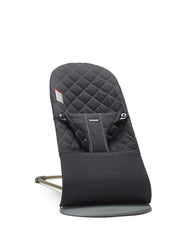 BabyBjörn Bouncer Bliss in black weave front view shows compact, cozy design.
