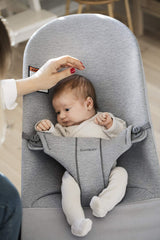 BabyBjörn Bouncer Bliss light gray fabric in photo, plush comfort for baby