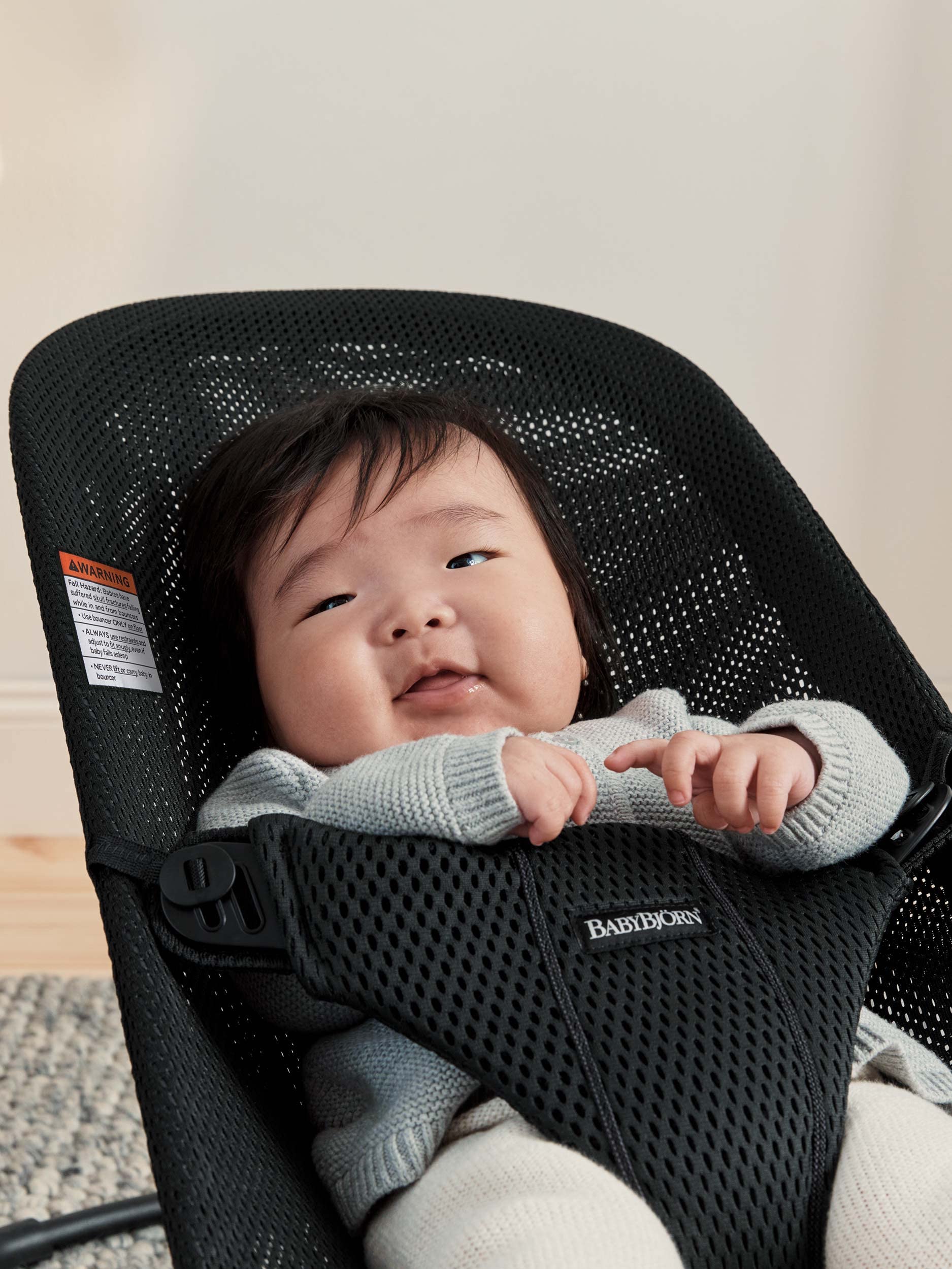 BabyBjörn Bouncer Bliss supports newborn to toddler seating in mesh.