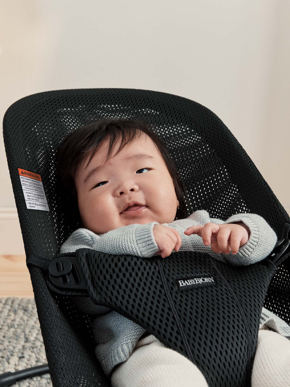 BabyBjörn Bouncer Bliss supports newborn to toddler seating in mesh.