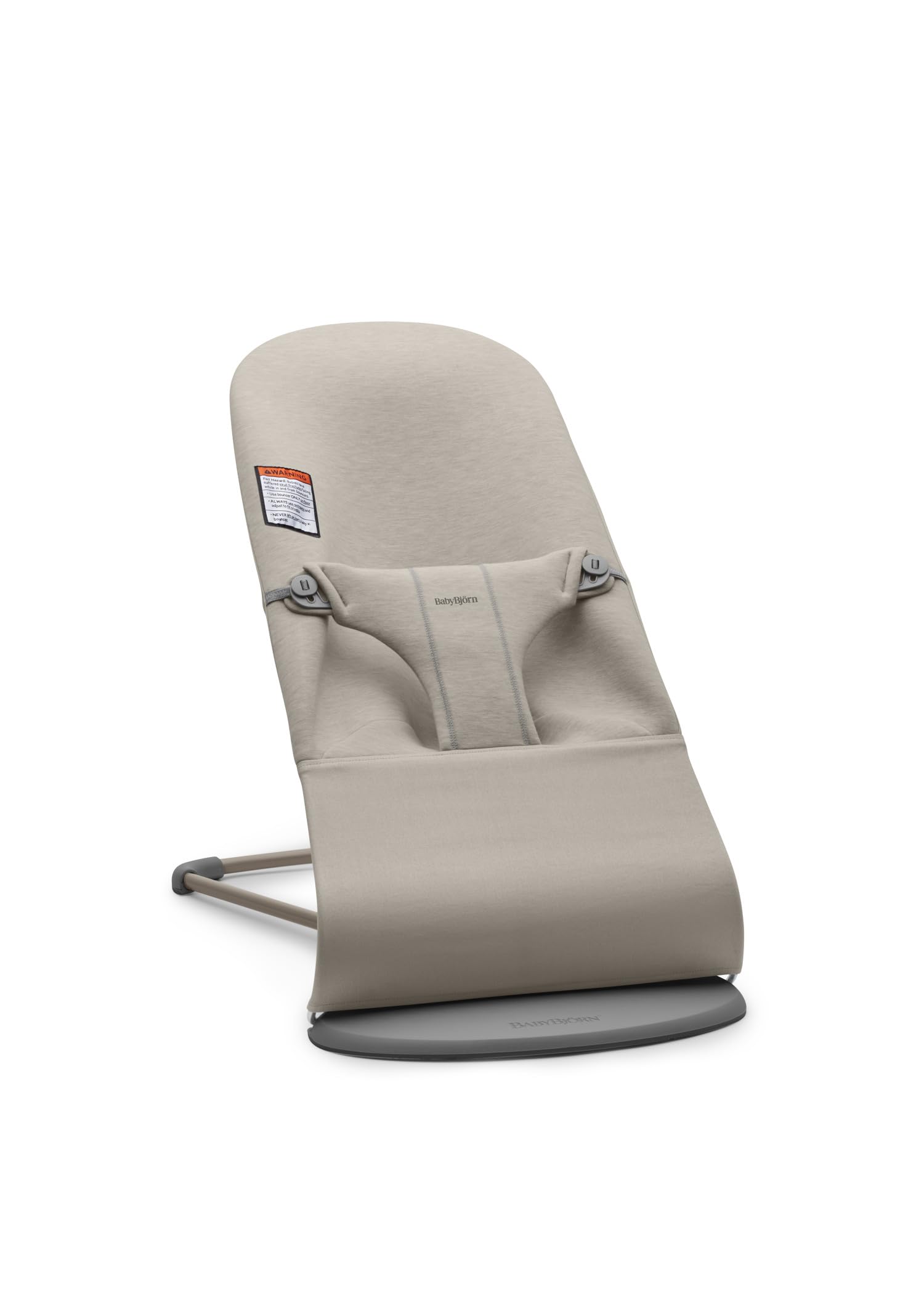 BabyBjörn Bouncer Bliss sand gray front view shows ergonomic seating for calm support.