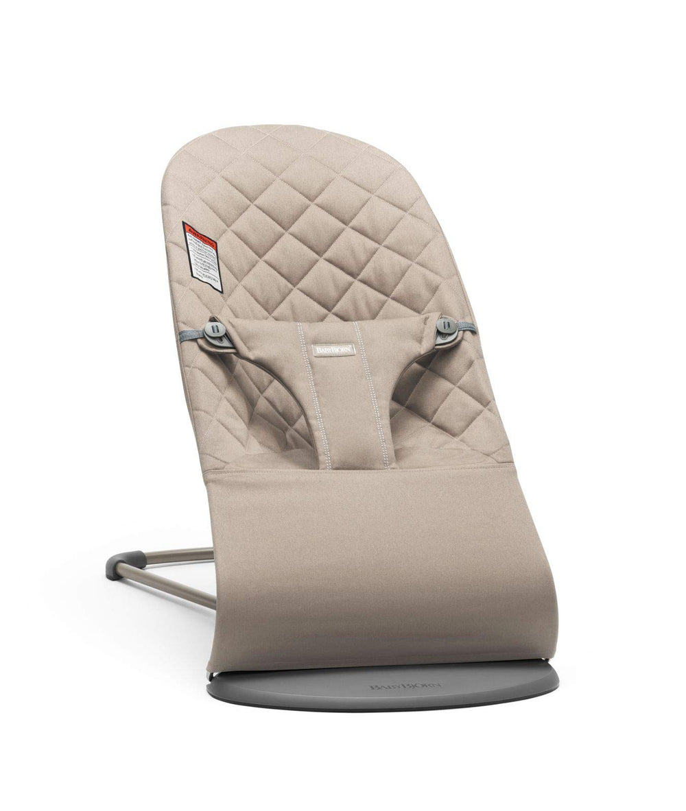 BabyBjörn Bouncer Bliss sand gray front view, lightweight and portable for easy room-to-room use.