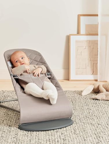 BabyBjörn Bouncer Bliss sand gray seat reversed, showing chair mode for toddler seating.
