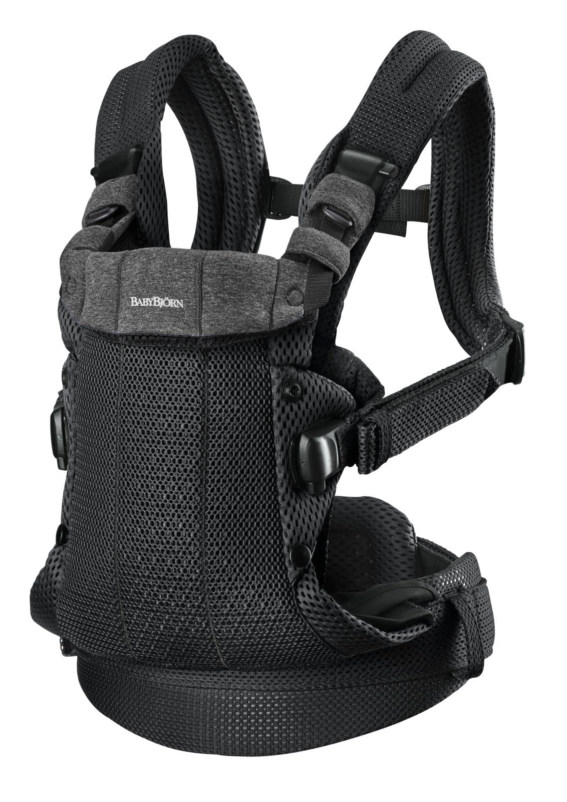 BabyBjörn Harmony 3D mesh close-up shows breathable fabric for comfort.