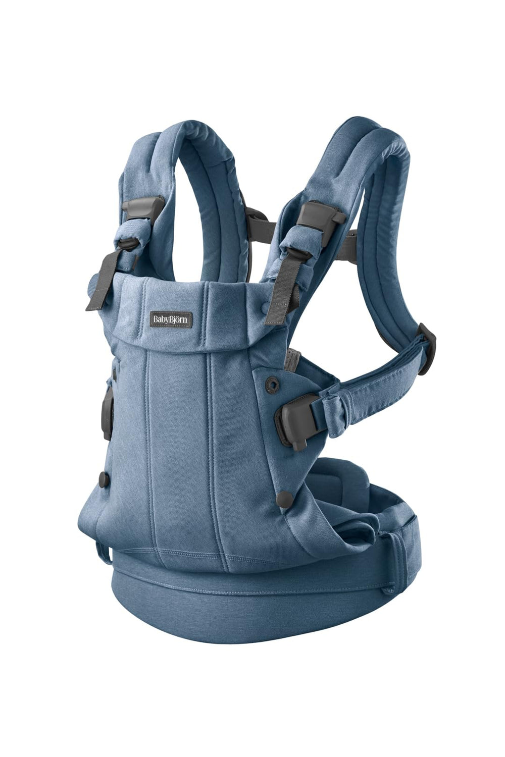 BabyBjörn Harmony in woven blue, front view highlighting ergonomic support.