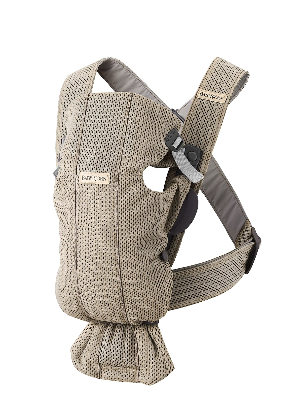 BabyBjörn Mini front-carry setup in gray beige for quick, snug newborn holds.