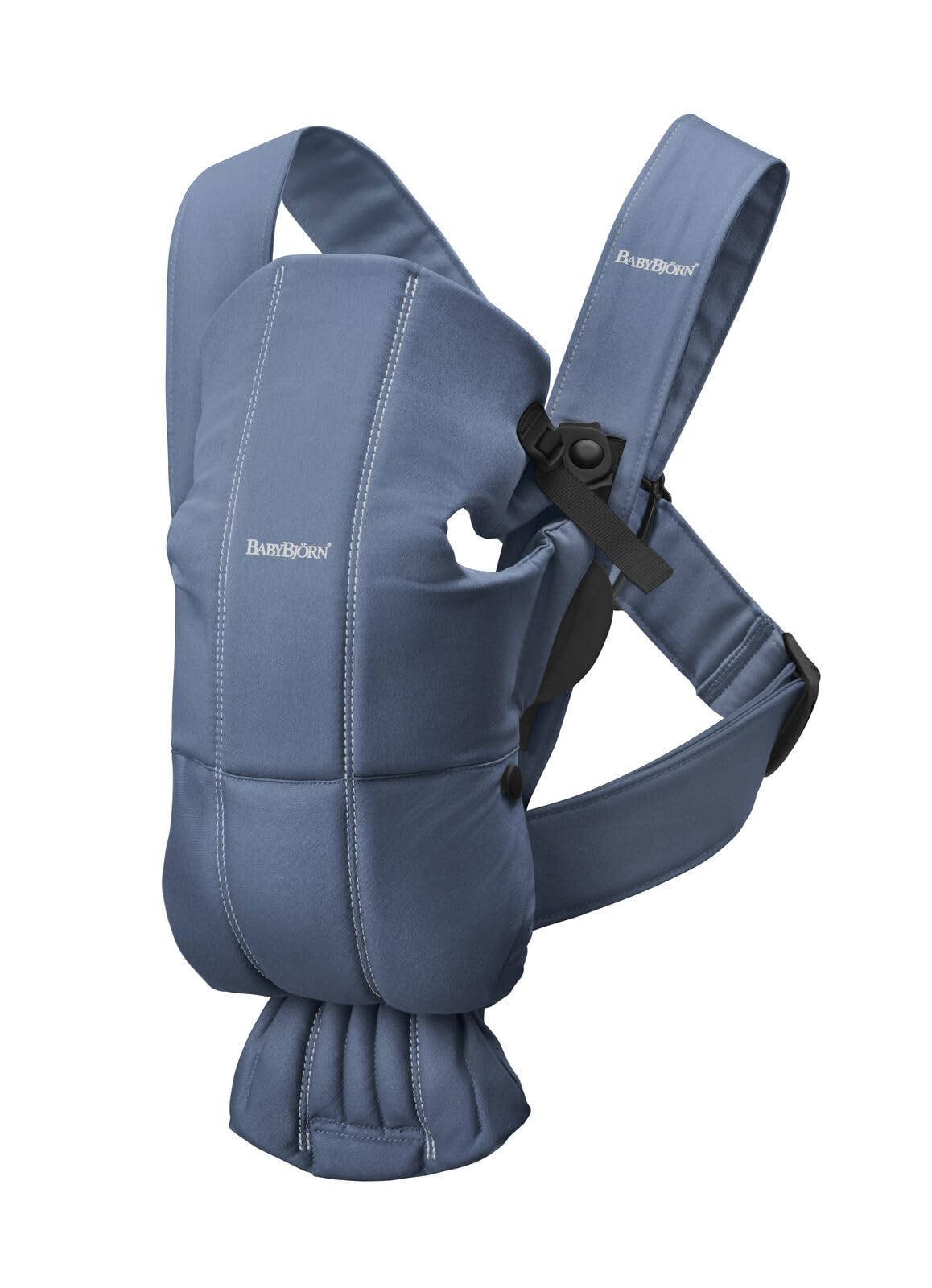 BabyBjörn Baby Carrier Mini in Vintage Indigo, front view, promotes closeness and easy access.
