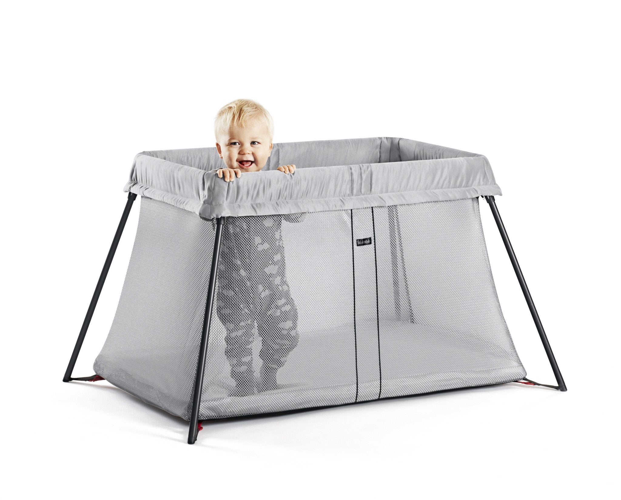 BabyBjorn Travel Crib Light silver with carry case for easy transport.