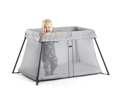BabyBjorn Travel Crib Light silver with carry case for easy transport.