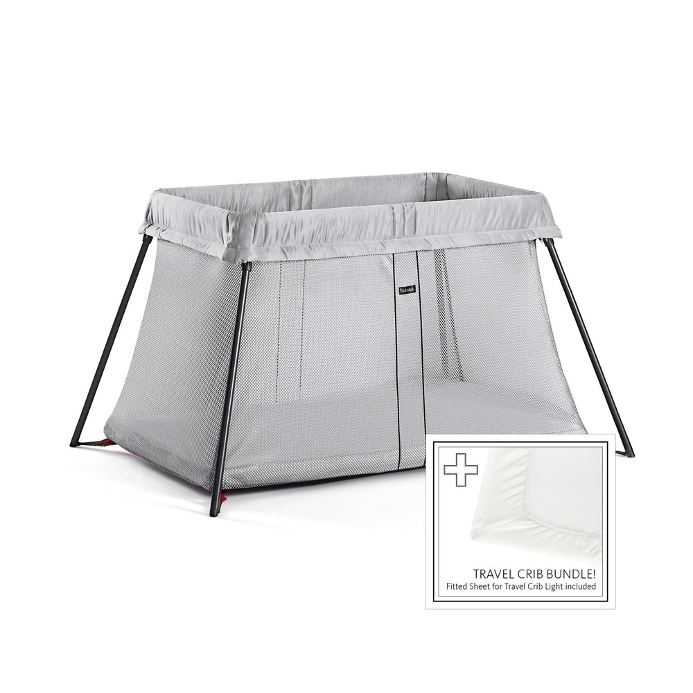 BabyBjorn Travel Crib Light in silver with quick setup for on-the-go families.