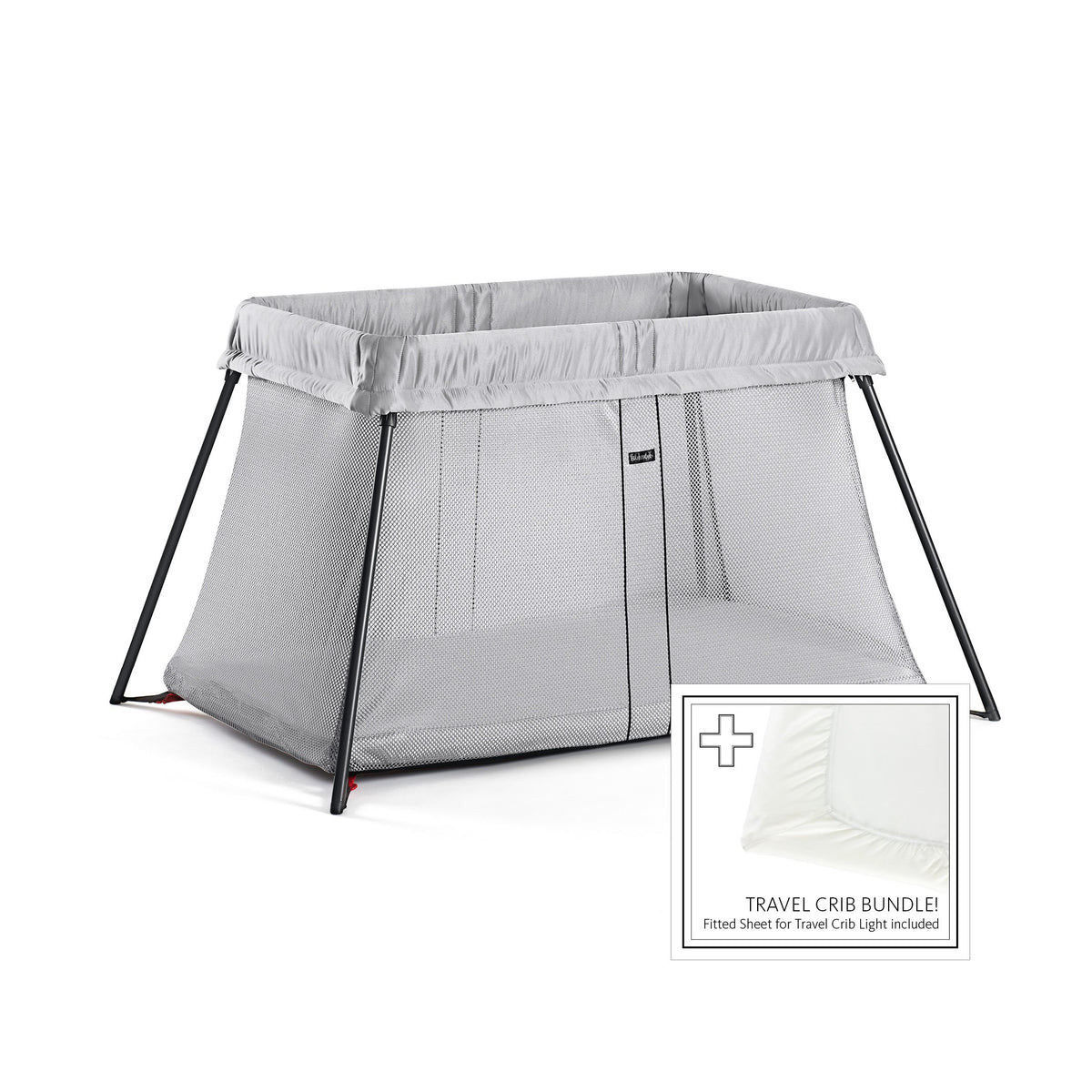 BabyBjorn Travel Crib Light in silver with quick setup for on-the-go families.