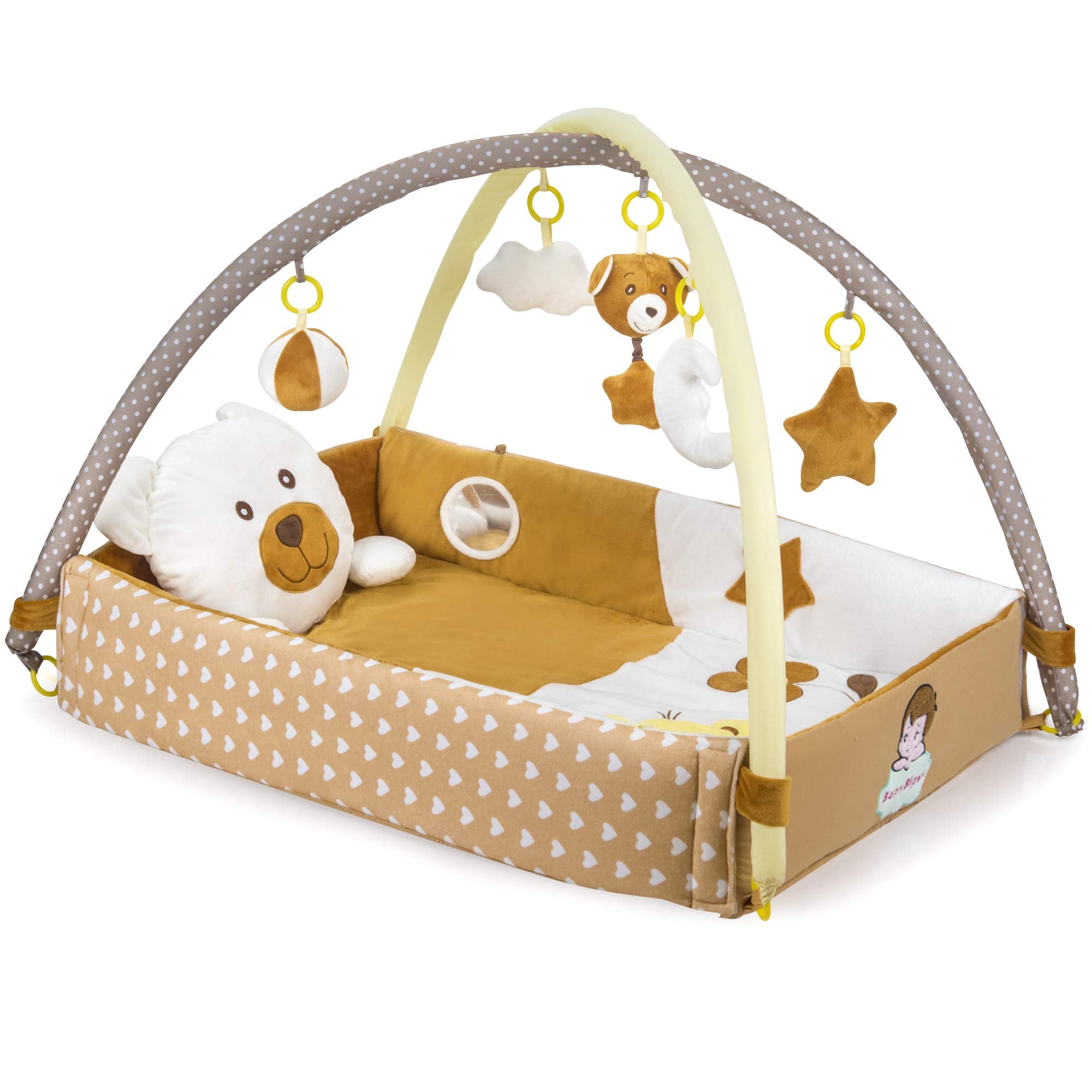 BabyBless play gym with hanging toys encourages visual exploration and grasping.