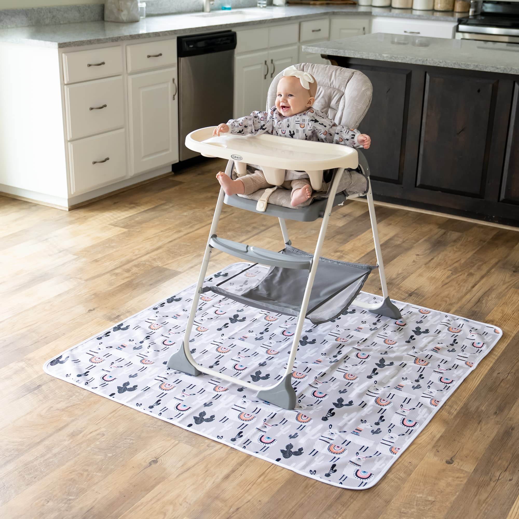 BABYBOET Splat Mat under high chair shows full-room coverage