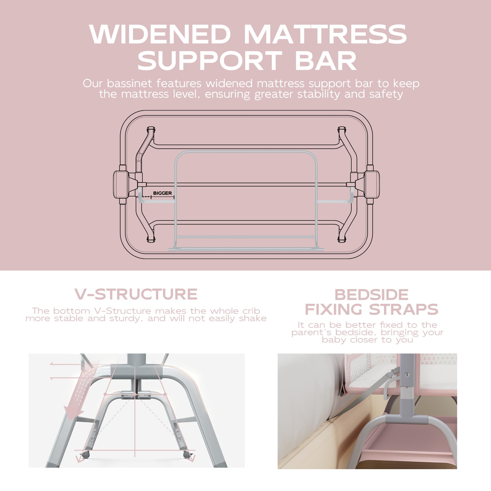 BabyBond wheels and storage rack for convenient bedside organization.
