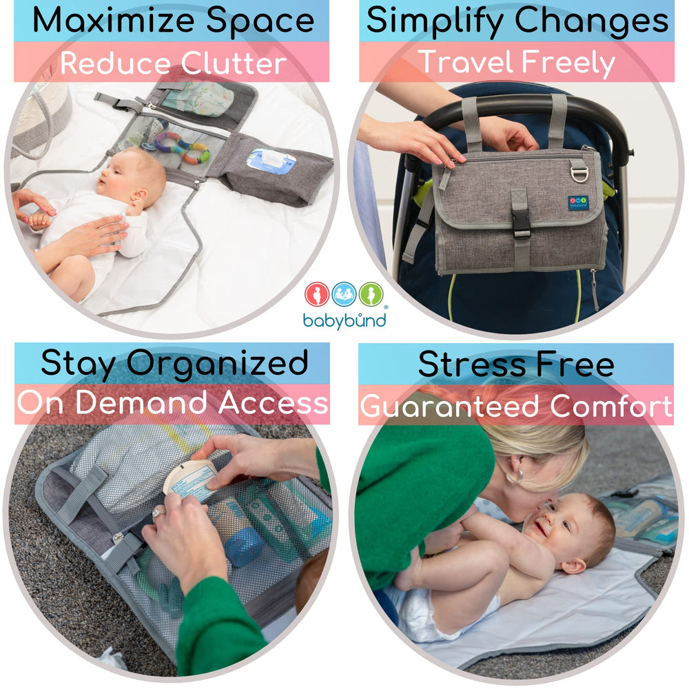 Babybund foldable diaper clutch kit keeps essentials organized during trips.