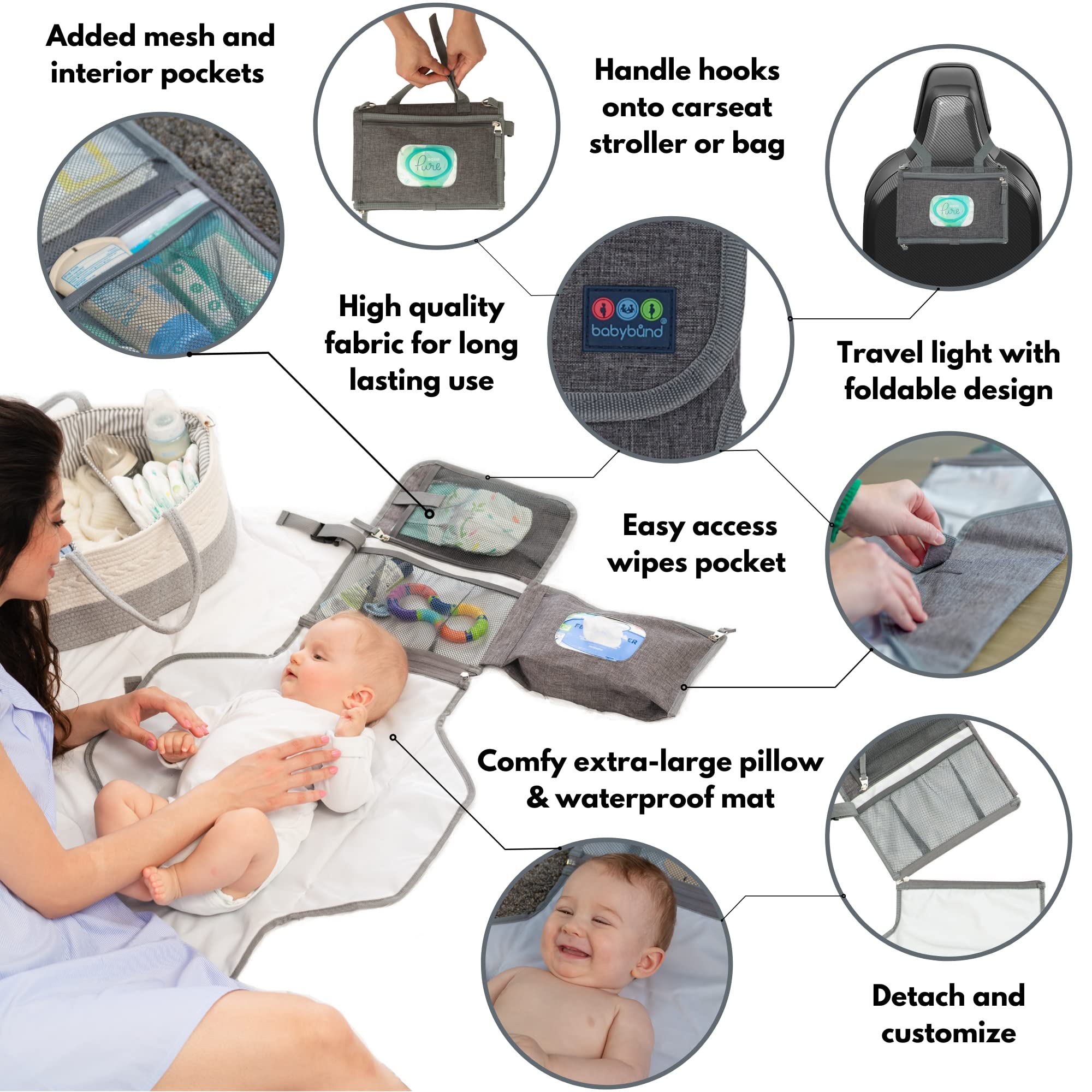 Babybund head pillow provides baby comfort during changes.