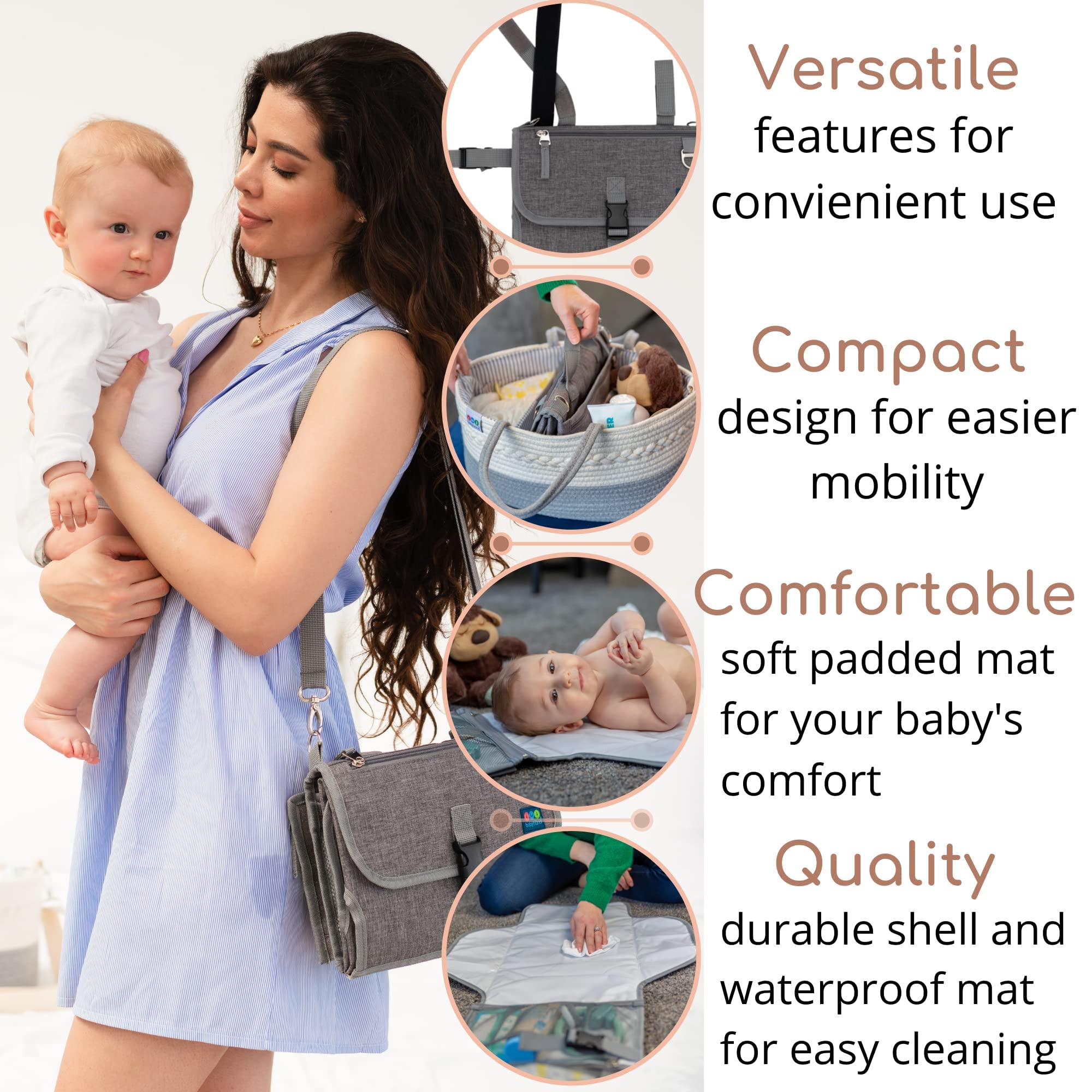 Babybund shoulder strap attachment enables easy carry on stroller or wrist.
