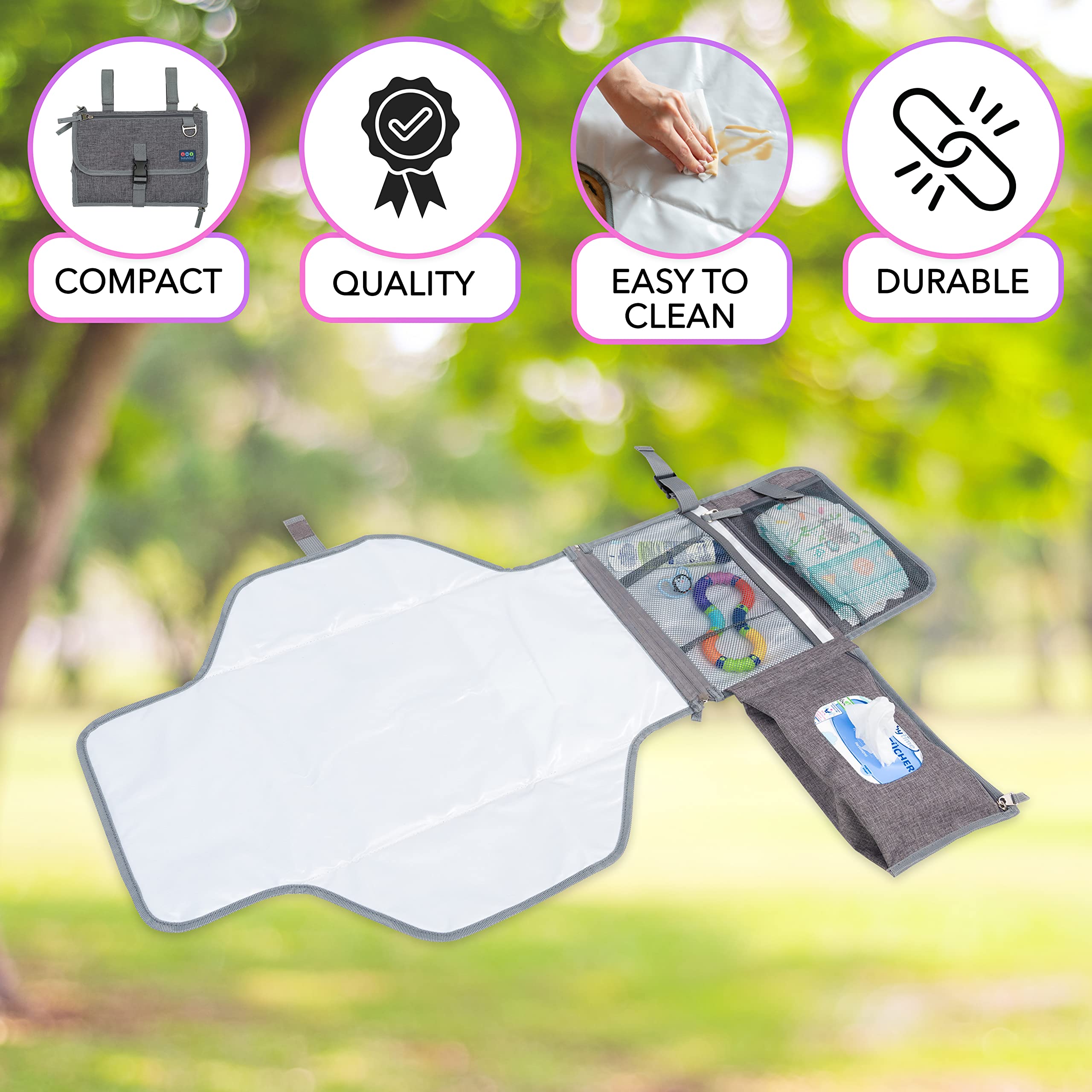 Babybund travel-friendly folding design fits in bags and tight spaces.