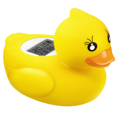 BabyElf bath thermometer with floating duck displays safe water temperature.