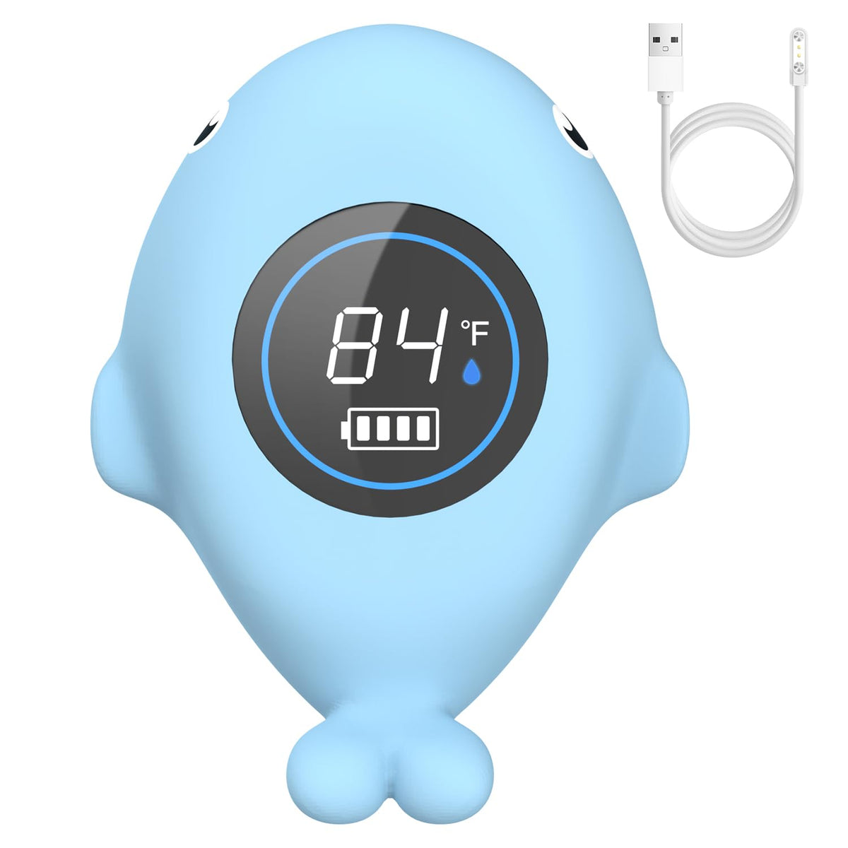 BabyElf bath thermometer on charging dock for quick, ready readings during bath time