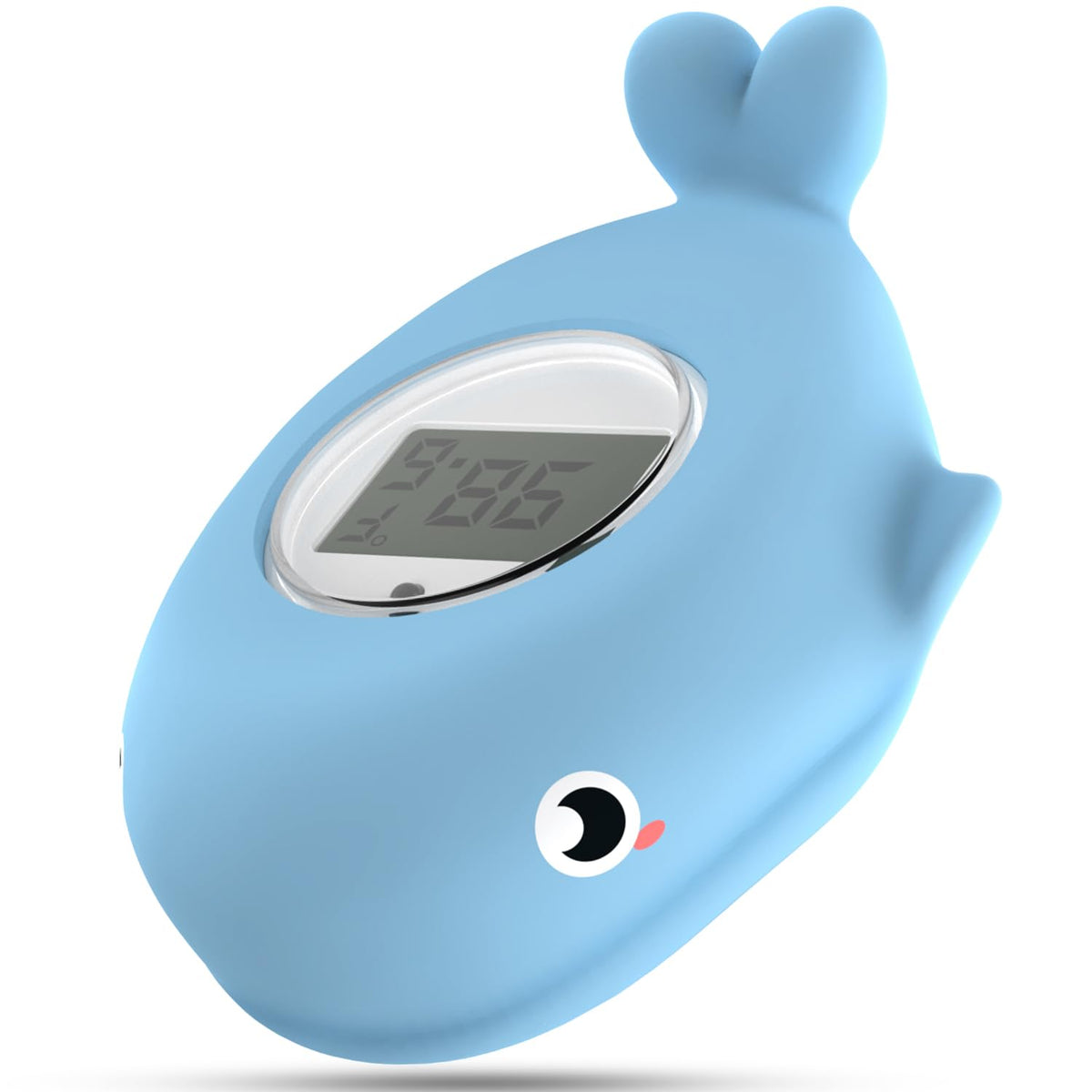 BabyElf bath thermometer floats in the tub, clearly displaying water temperature.