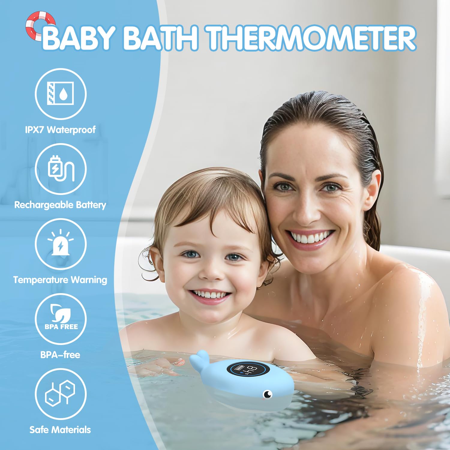 BabyElf LED ring shows temperature at a glance, helping maintain comfy bath time