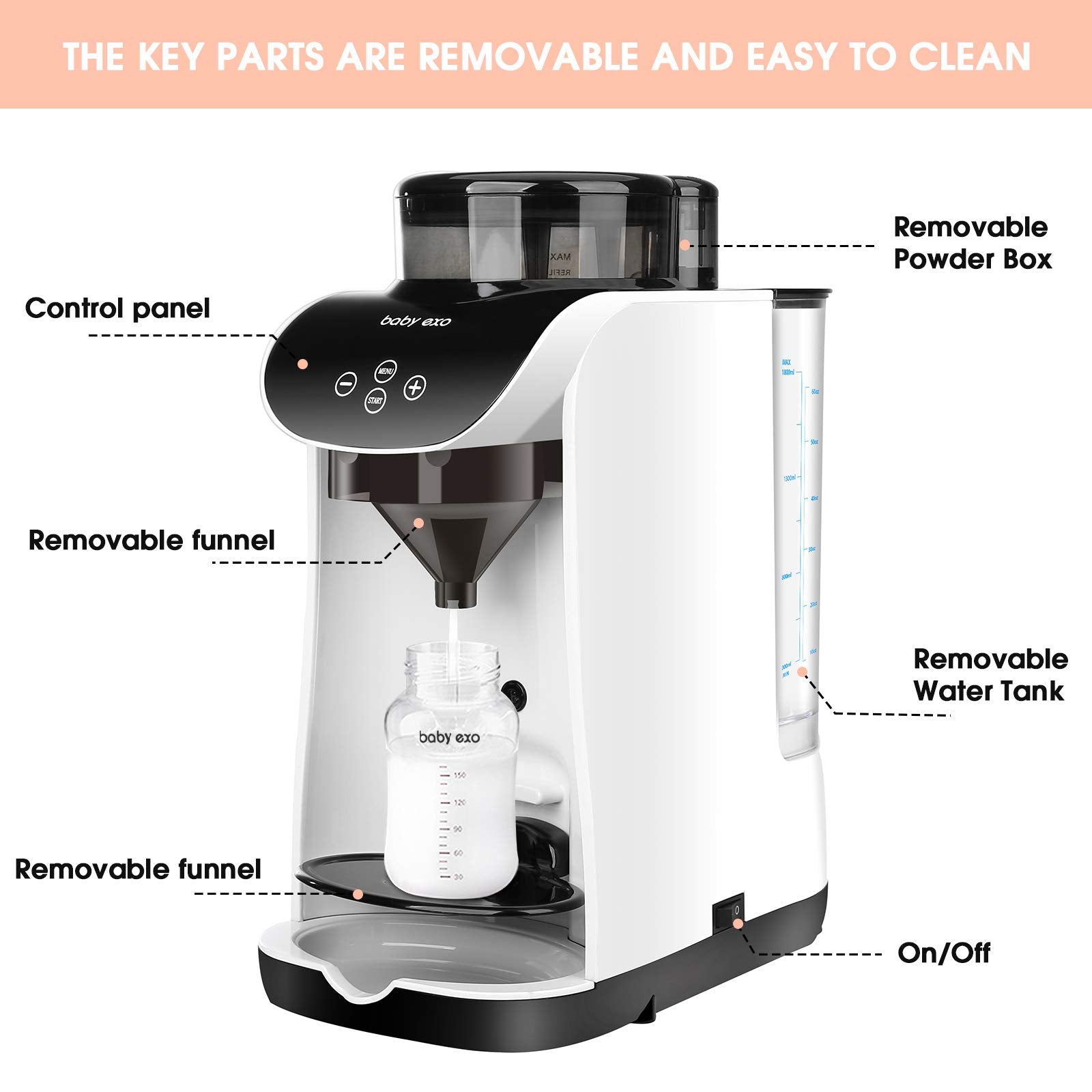 BabyEXO control panel view highlighting easy-to-use settings for custom bottle preparation