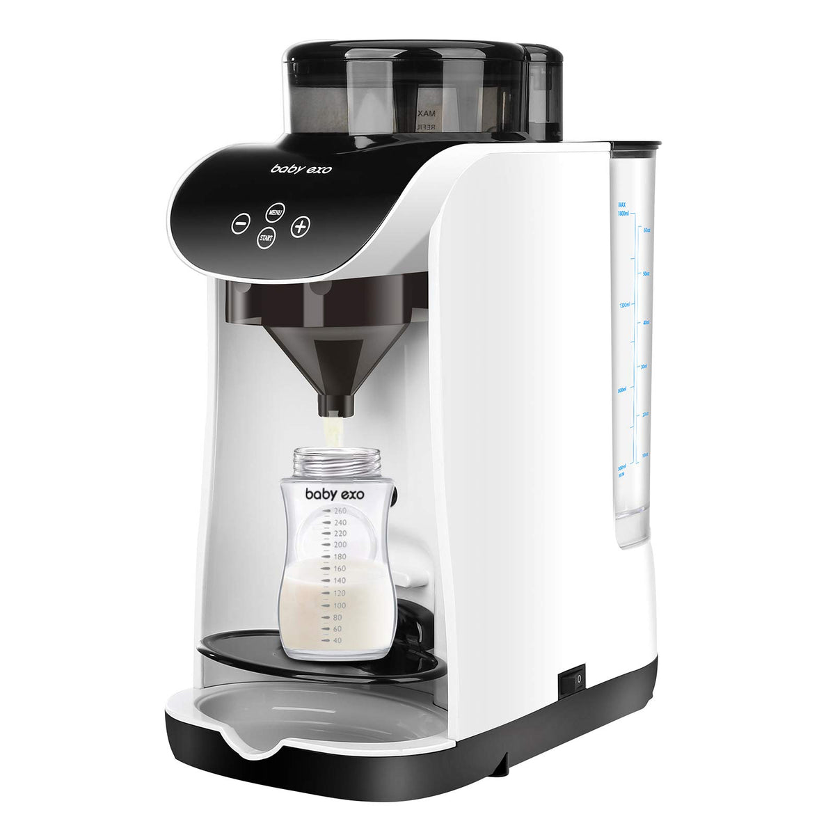 BabyEXO formula milk dispenser front view showing automated blending for smoother feeds