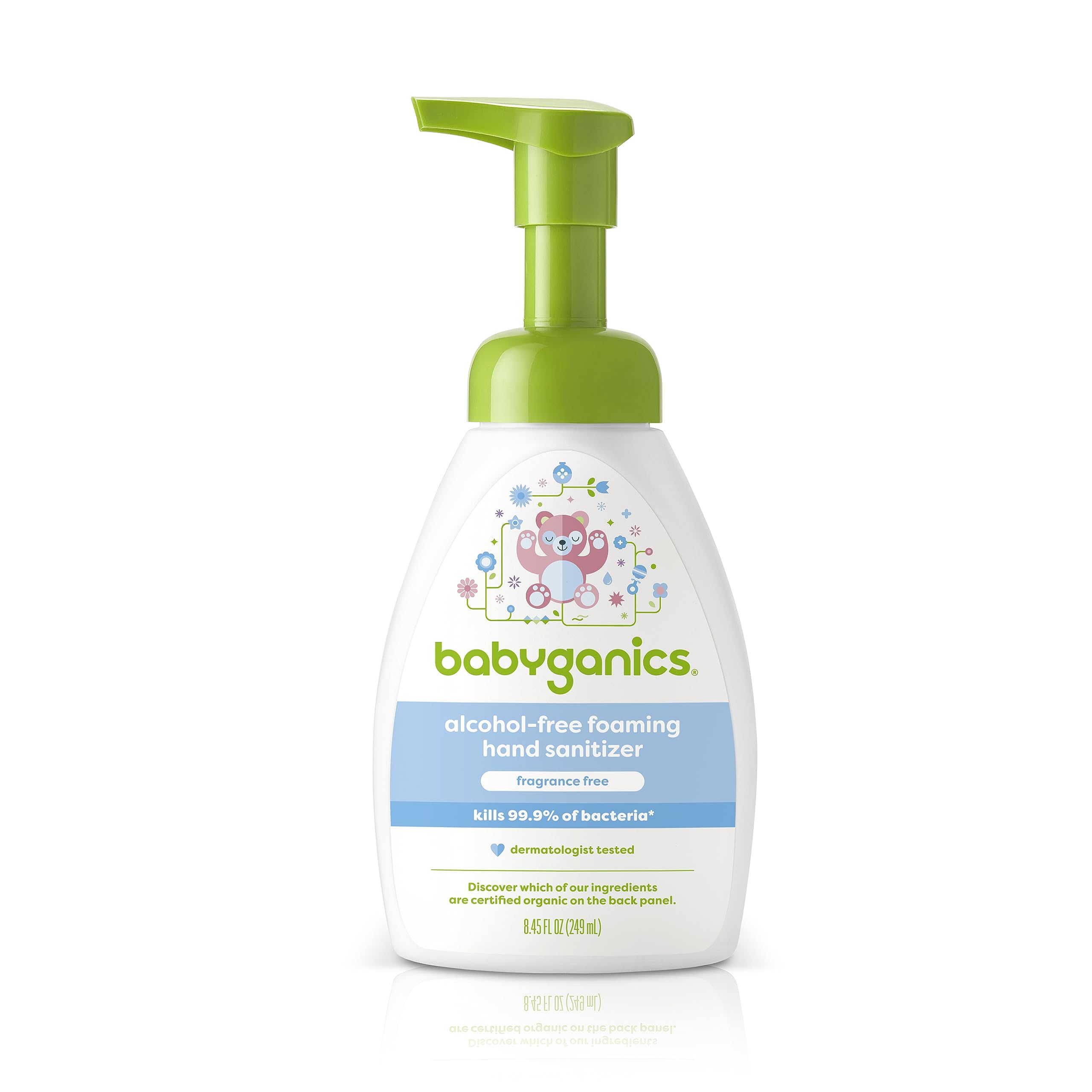 BabyGanics alcohol-free foaming sanitizer pump bottle for gentle, effective germ protection.