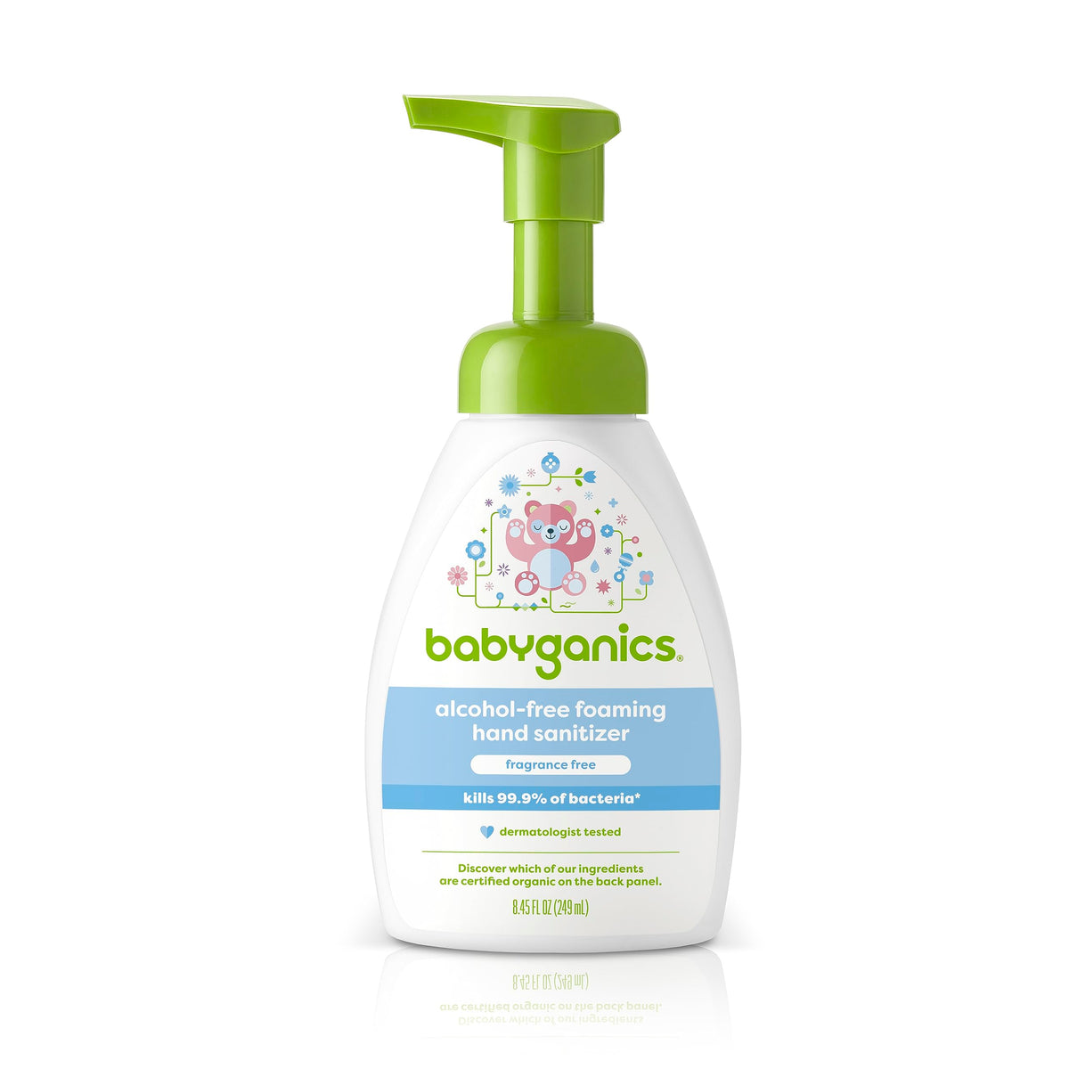 BabyGanics alcohol-free foaming sanitizer pump bottle for gentle, effective germ protection.