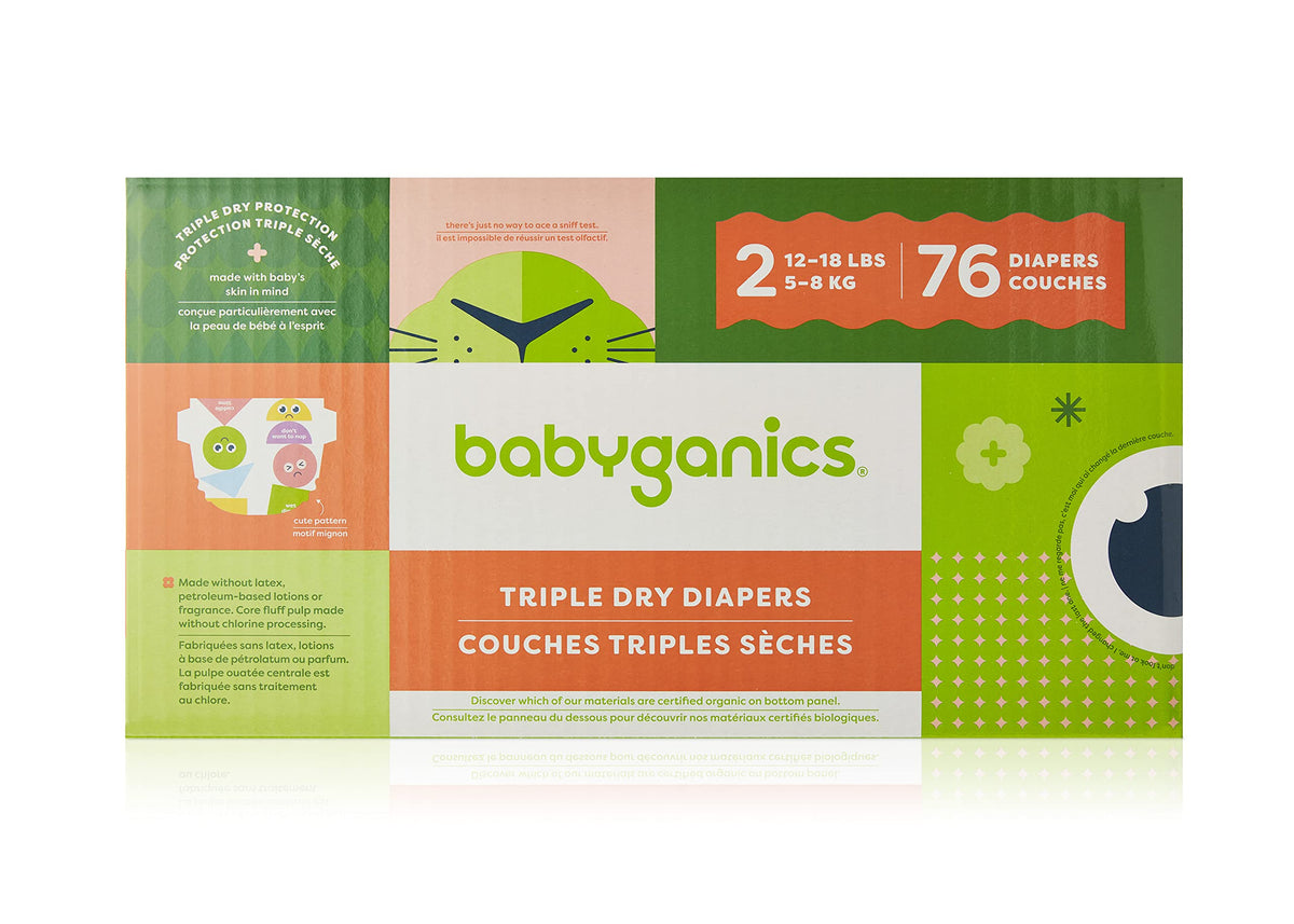 Babyganics diapers Size 2 76-count pack, ultra absorbent for all-day comfort.