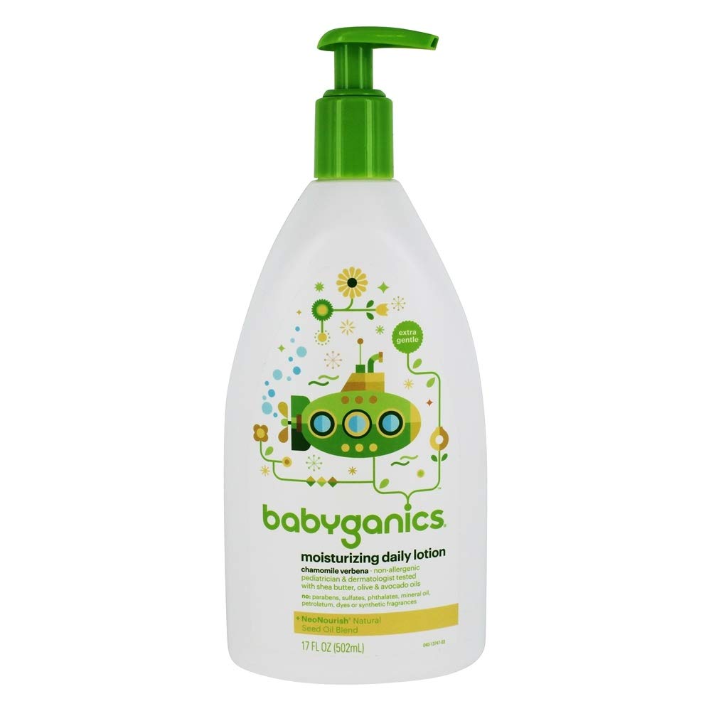 BabyGanics Extra Gentle Daily Lotion Chamomile Verbena bottle close-up for soothing, baby-safe moisture.