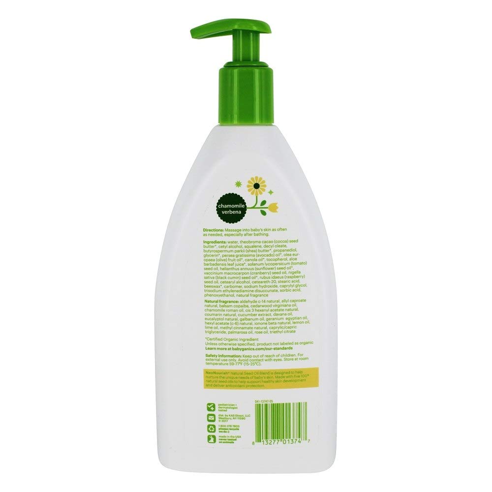 BabyGanics Chamomile Verbena lotion texture close-up for daily moisturization and soft baby skin.