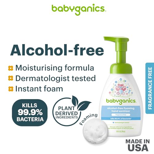 BabyGanics foaming sanitizer pump close-up showing easy, mess-free application.