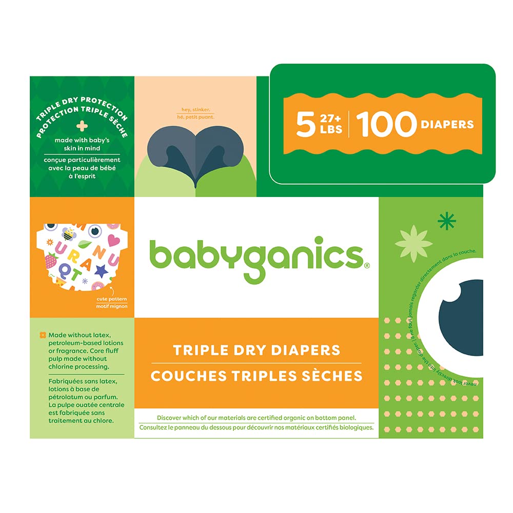Babyganics Size 5 diaper front packaging highlights triple dry protection for dry skin.
