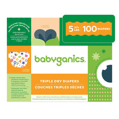 Babyganics Size 5 diaper front packaging highlights triple dry protection for dry skin.