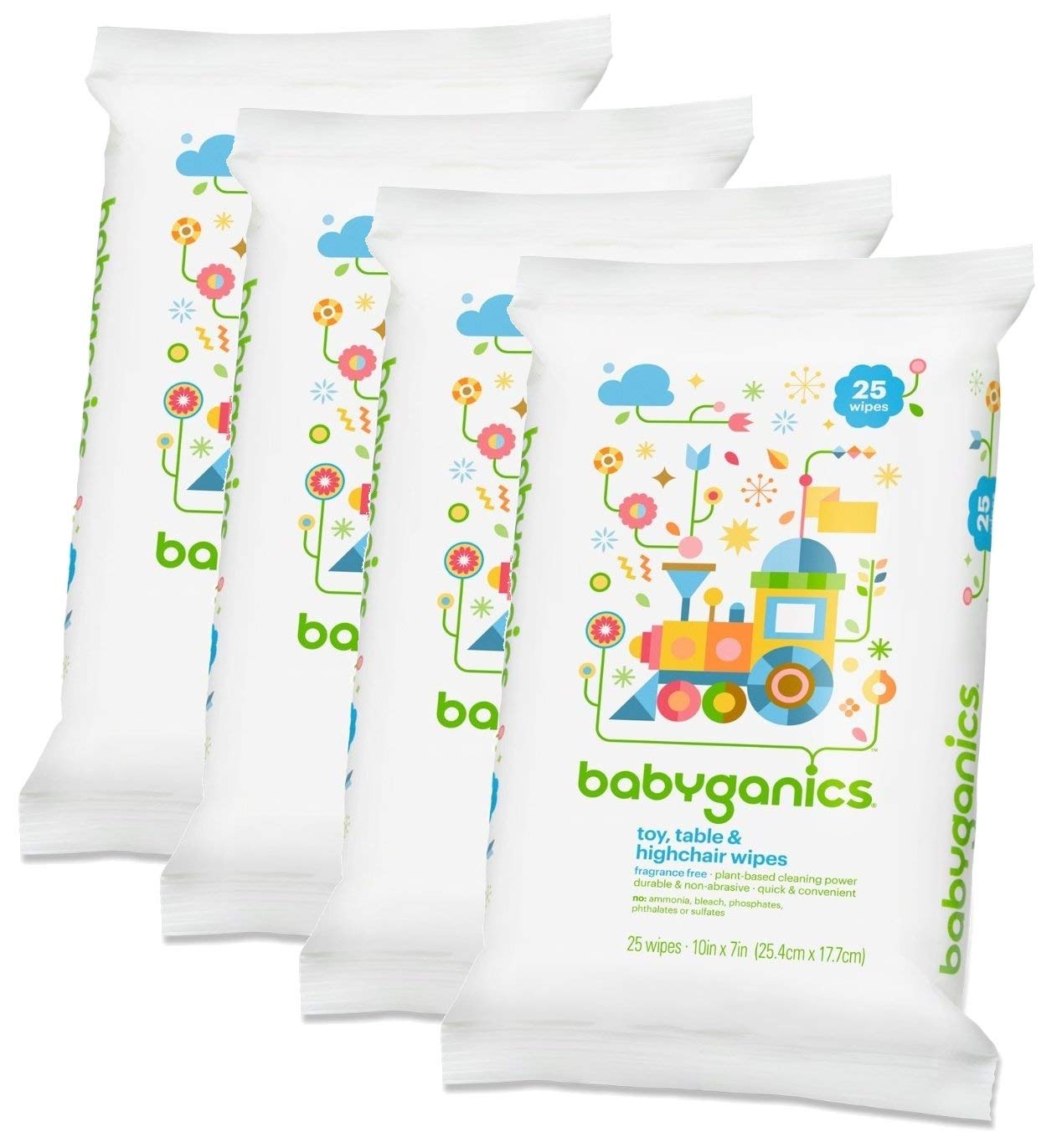 Close-up of BabyGanics wipes on a highchair tray for easy cleanups
