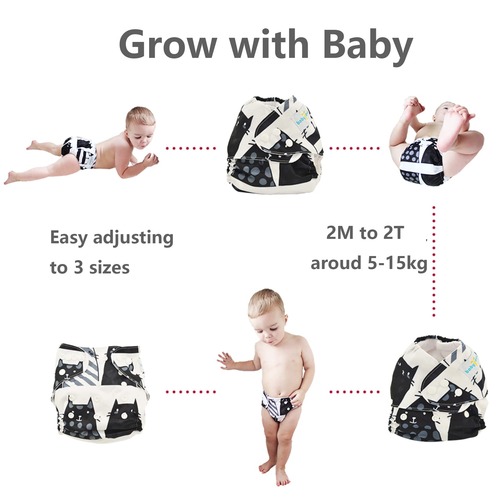 Babygoal adjustable snaps enable size changes from S to L.
