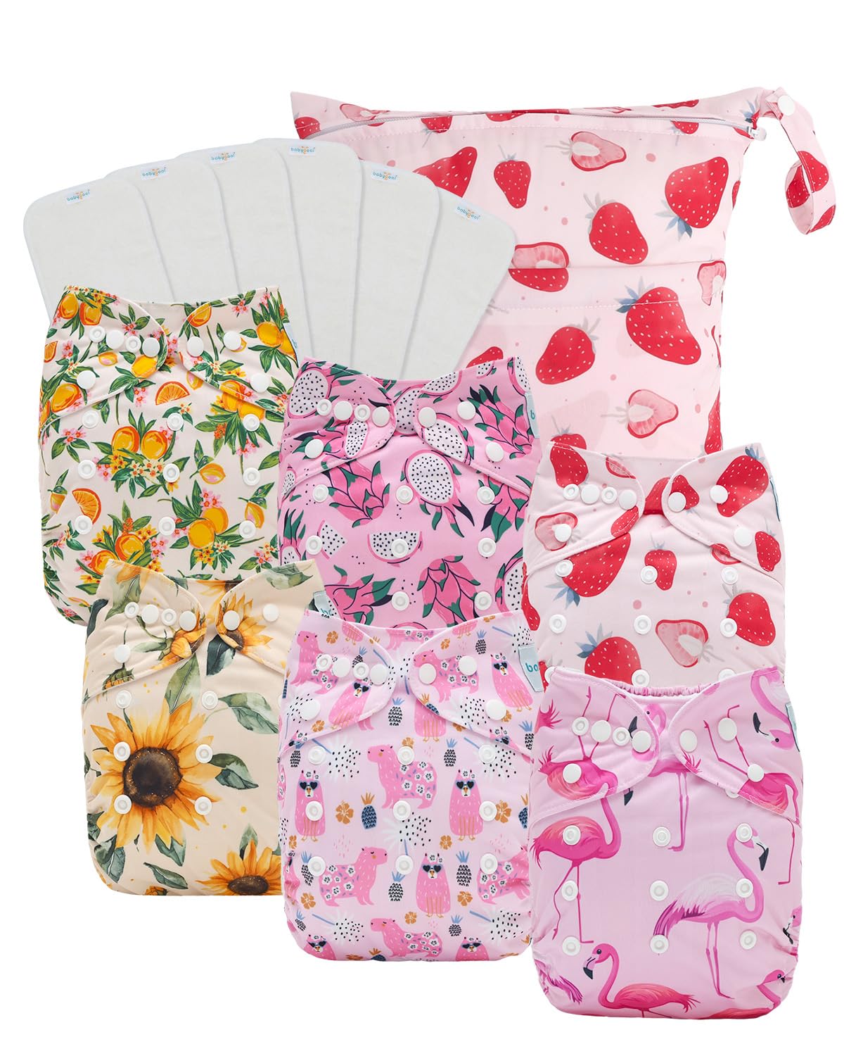 Babygoal baby cloth diaper six-pack with inserts for adjustable, reusable diapering and snug fit