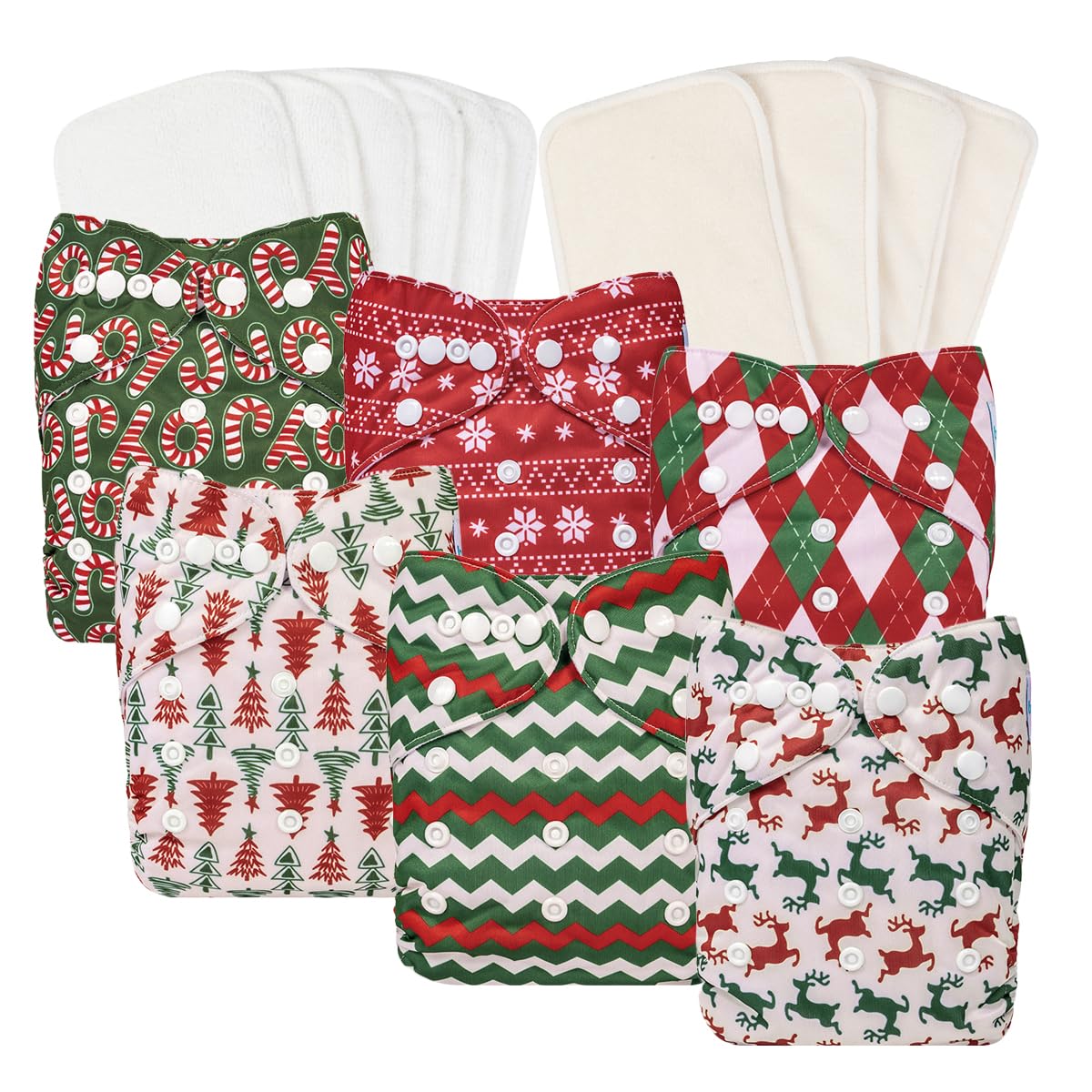 Babygoal Christmas cloth diapers six-pack with adjustable snaps for growing babies.