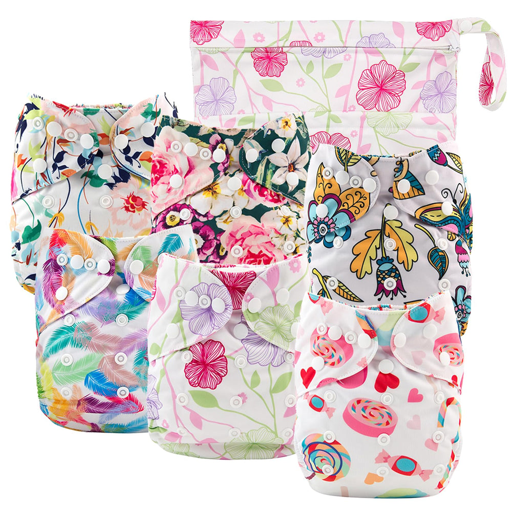 Babygoal cloth diaper cover front view showing six covers and wet bag for eco-friendly diapering