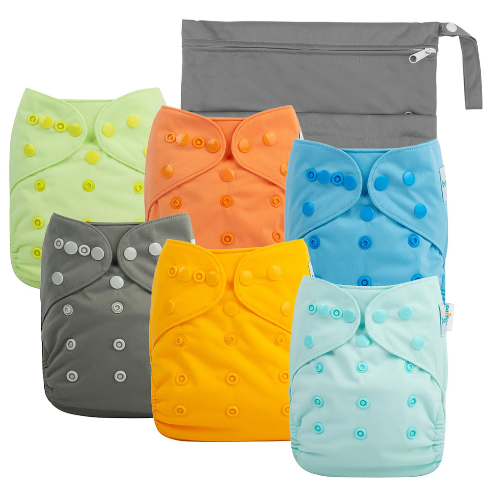 Babygoal cloth diaper covers in front view show adjustable fit for babies from 7 to 33 pounds.