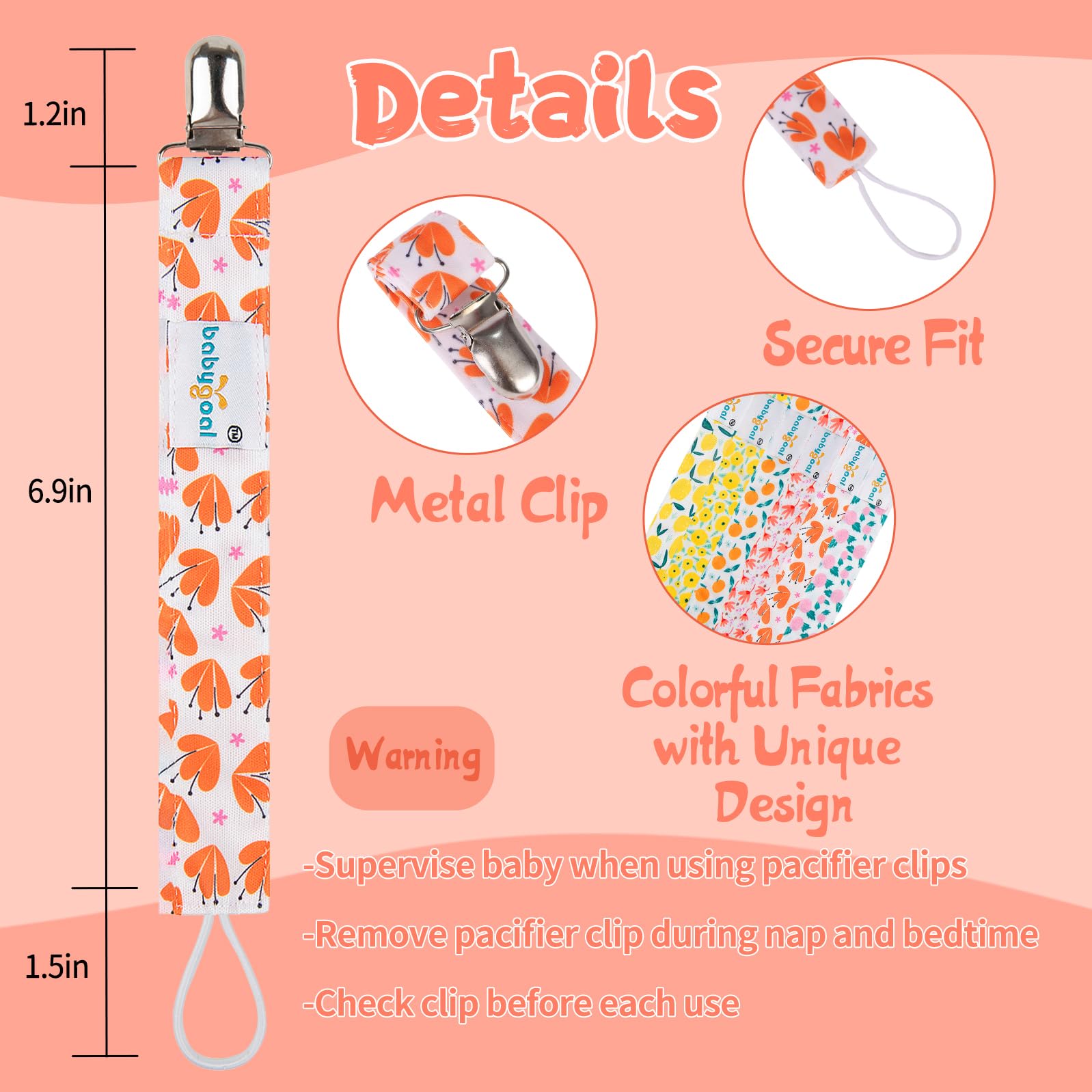 Babygoal clip with metal teeth provides secure hold on pacifiers.
