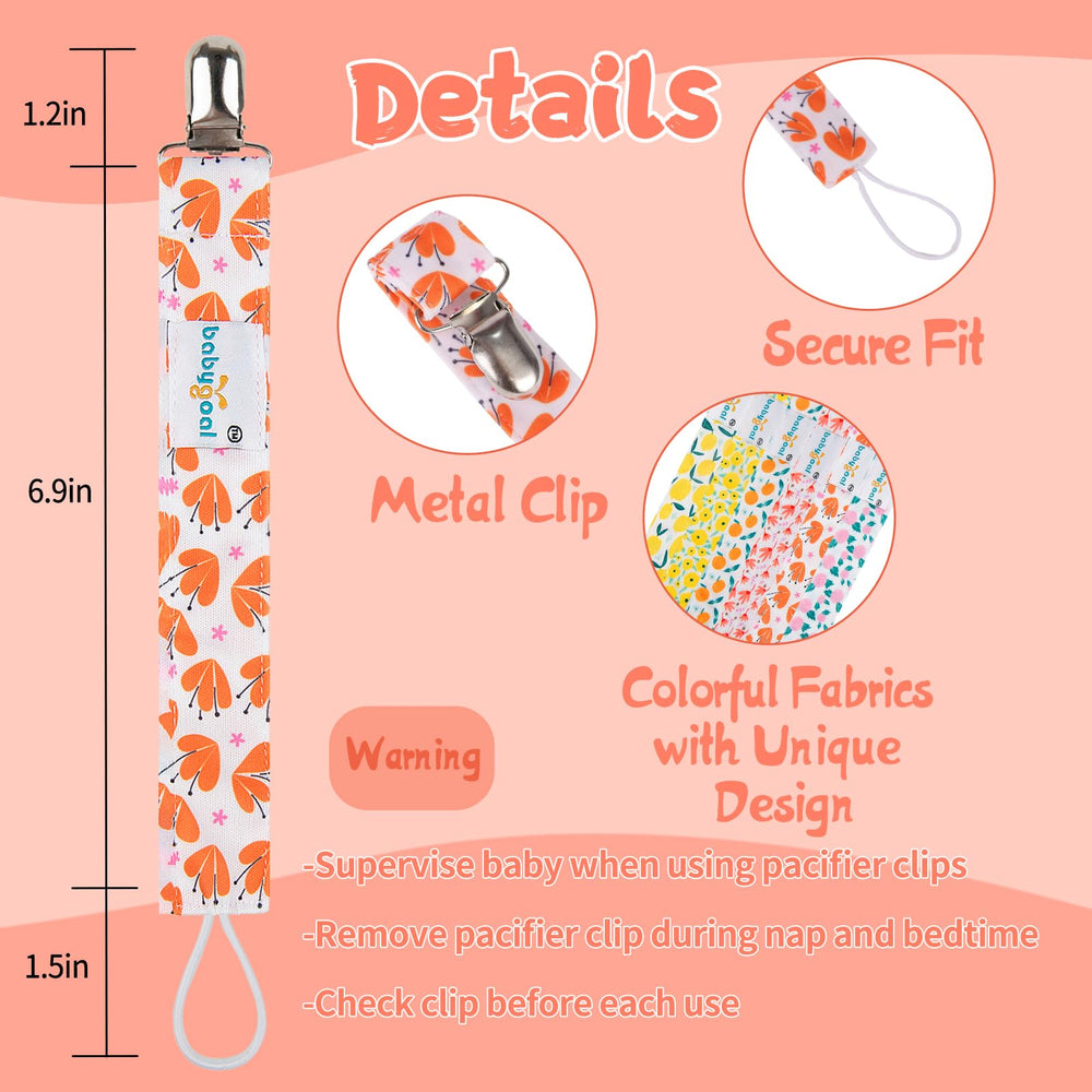Babygoal clip with metal teeth provides secure hold on pacifiers.